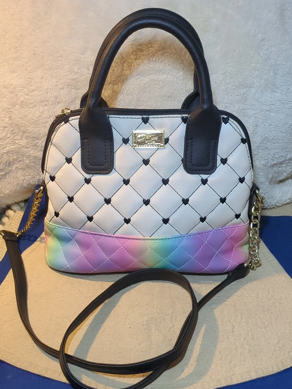 Betsey Johnson White Quilted Satchel with Pastel Rainbow Base NOW ONLY $35